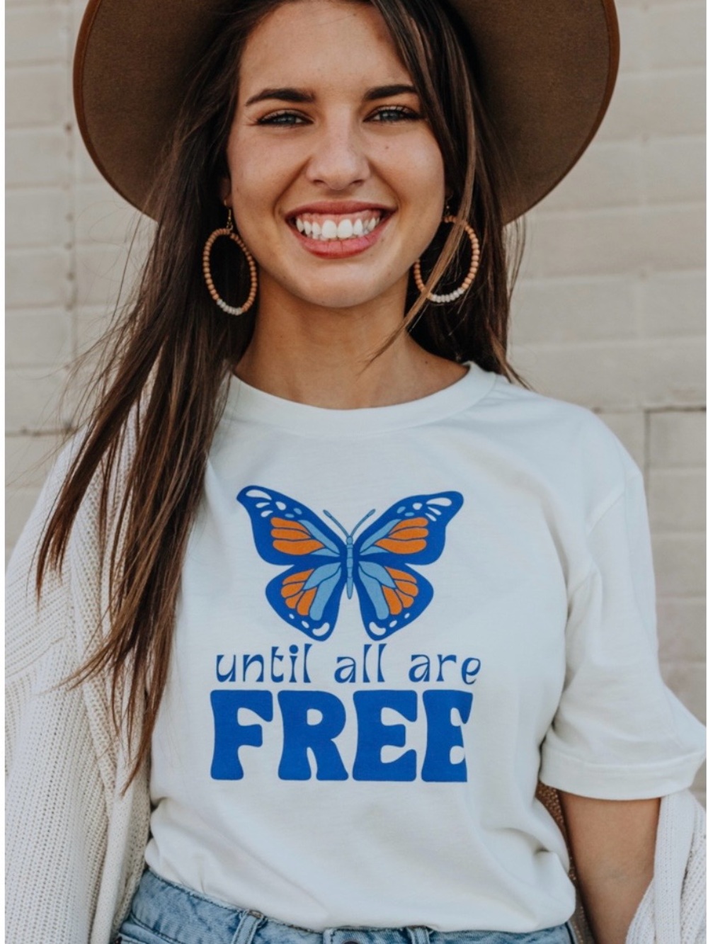Women’s White Short Sleeve Tee with Blue & Orange Butterfly Graphic